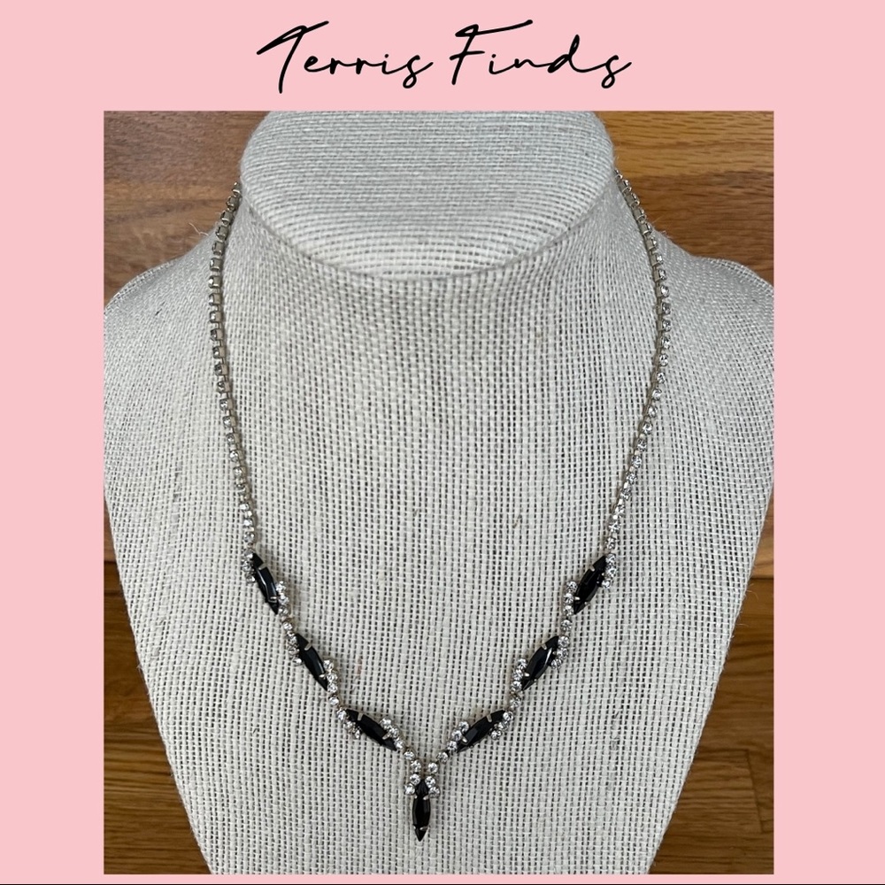 Vintage Black and Silver Tone Rhinestone Necklace